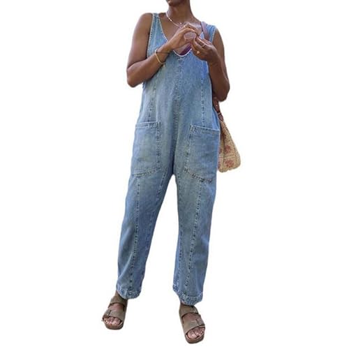 Frauen Lose Casual Overalls Verstellbare Träger Weiche Bequeme Jumpsuits Jeanshosen Rompers mit Seitentaschen (Color : Blue, Size : S) von FaroLy