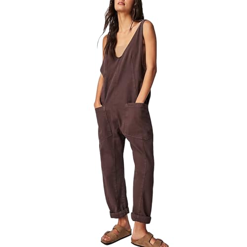 Latzhose Frauen Baggy Jumpsuits mit Verstellbaren Trägern und Gummizug am Bund Jeanshosen Strampler mit Seitentaschen (Color : Brown, Size : S) von FaroLy