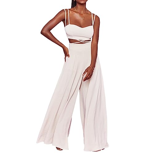 Sommer-Outfits für Frauen in 2 Teilen Halfter Tank Top und Weite Hose Lounge Set Trendy Urlaubskleidung (Color : White, Size : XL) von FaroLy