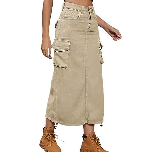 Y2K Denim Cargo-Röcke für Frauen Verstellbarer Lässiger Kordelzug Klappentasche a Line Langer Rock Mit Tasche (Color : Beige, Size : M) von FaroLy
