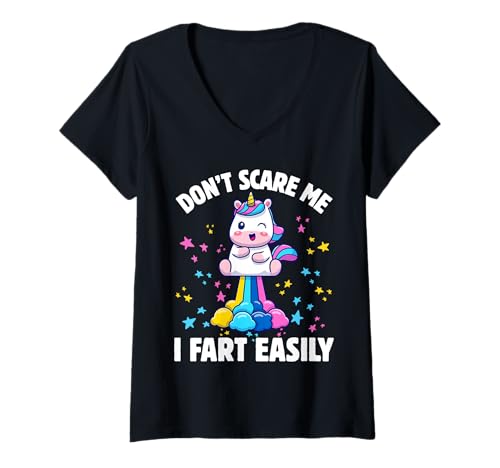 Damen Don't Scare Me I Fart Easy, lustiges Einhorn T-Shirt mit V-Ausschnitt von Fart Easily Unicorn Lovers Humor Enthusiasts