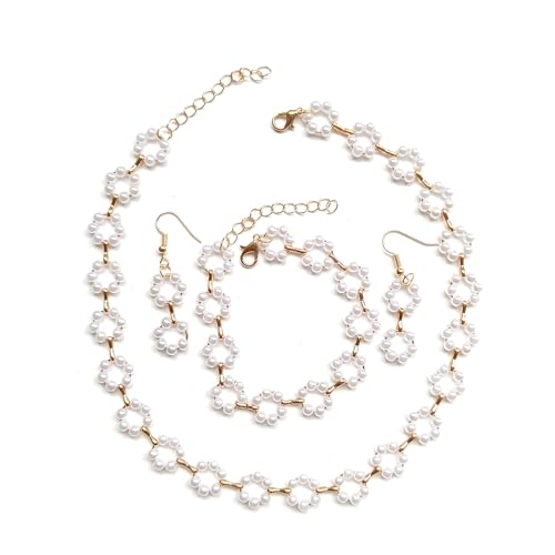 4Pcs Perlenkette Ohrringe Armband Set Faux Perle Blume Choker Halskette Sets Vintage Kragen Perlenstränge Halskette Kette Schmuck für Frauen Damen von Faruodis