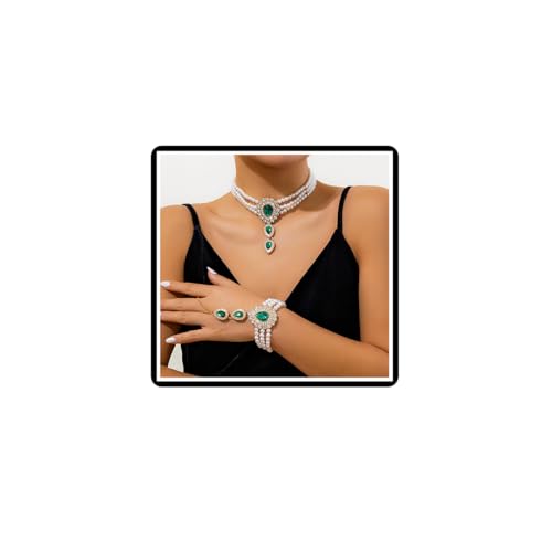 Faruodis Kristall Perlenkette Armband Set 2Pcs Royal Court Halskette Kette Vintage Mehrschichtige Strass Kunstperle Wassertropfen Schmuck für Frauen Damen (Grün) von Faruodis