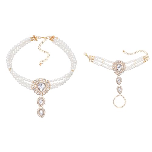 Faruodis Kristall Perlenkette Armband Set 2Pcs Royal Court Halskette Kette Vintage Mehrschichtige Strass Kunstperle Wassertropfen Schmuck für Frauen Damen (Weiß) von Faruodis