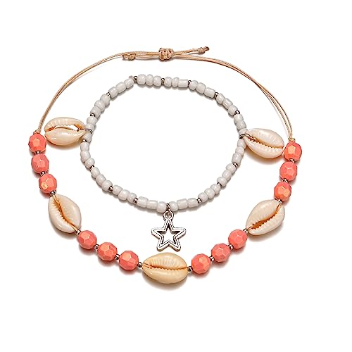 Faruodis Perle Muschel Fußkettchen Armband Seestern Engel Flügel Muschel Fußkettchen Hawaii Puka Perlen Stern Strand Fuß Kette Verstellbarer Schmuck für Frauen Damen (Stil C) von Faruodis
