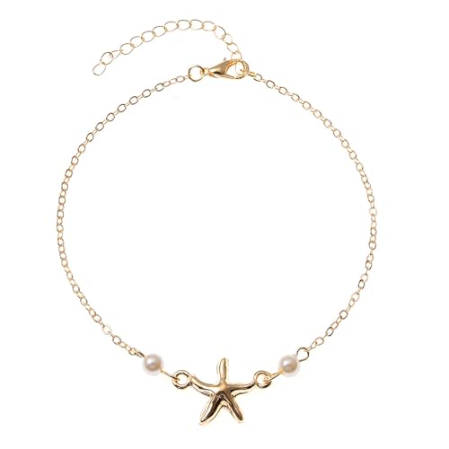 Faruodis Perle Seestern Fußkettchen Armband Boho Faux Perlen Perlen Fußkettchen Minimalistische Perlen Strand Fuß Kette Verstellbarer Schmuck für Frauen Damen (Gold) von Faruodis