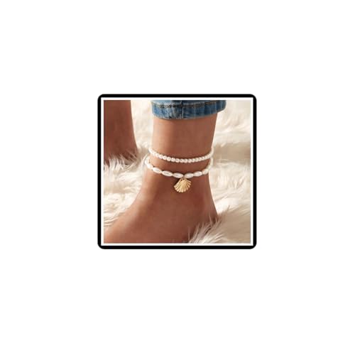 Faruodis Perlenmuschel Fußkettchen Armband 2Pcs Muschel Perlen Fußkettchen Hawaii Puka Sommer Strand Fuß Kette Schmuck für Frauen Damen von Faruodis