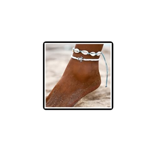 Faruodis Seestern Schildkröte Fußkettchen Armband Türkis Muschel Perlen Wachsseil Fußkettchen Hawaii Puka Muschel Sommer Strand Fuß Kette Schmuck für Frauen Damen (Silber A) von Faruodis