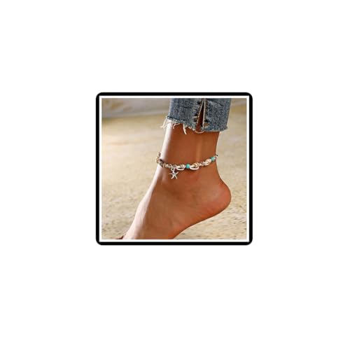 Faruodis Seestern Schildkröte Fußkettchen Armband Türkis Muschel Perlen Wachsseil Fußkettchen Hawaii Puka Muschel Sommer Strand Fuß Kette Schmuck für Frauen Damen (Silber B) von Faruodis