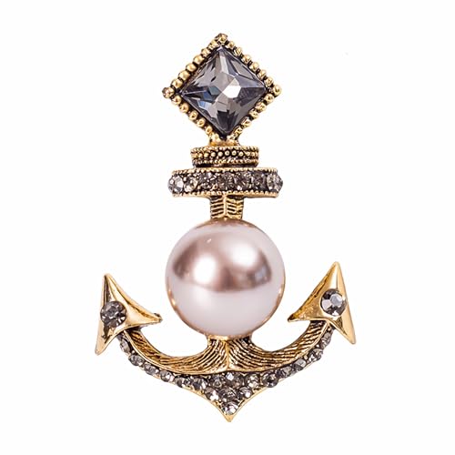 Kristall Anker Brosche Vintage Strass Perle Revers Anstecknadel Kunstperle Schiffsanker Mantel Corsage Anzug Rock Nieten Abzeichen Accessoires für Damen Frauen Männer (Grau) von Faruodis