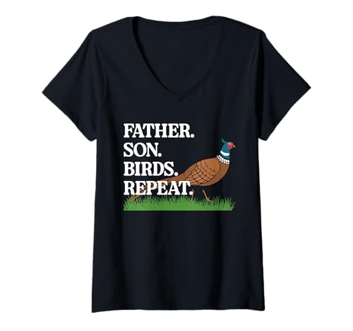 Damen Father Son Birds Repeat Pheasant Hunting T-Shirt mit V-Ausschnitt von Fasan Jagd Design Idee