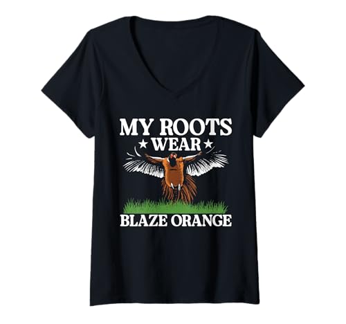 Damen My Roots Wear Blaze Orange Pheasant Hunting T-Shirt mit V-Ausschnitt Damen My Roots Wear Blaze Orange Pheasant Hunting T-Shirt mit V-Ausschnitt von Fasan Jagd Design Idee