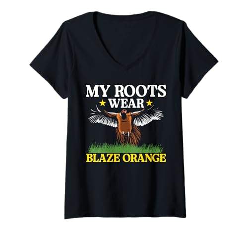 Damen My Roots Wear Blaze Orange Pheasant Hunting T-Shirt mit V-Ausschnitt Damen My Roots Wear Blaze Orange Pheasant Hunting T-Shirt mit V-Ausschnitt von Fasan Jagd Design Idee