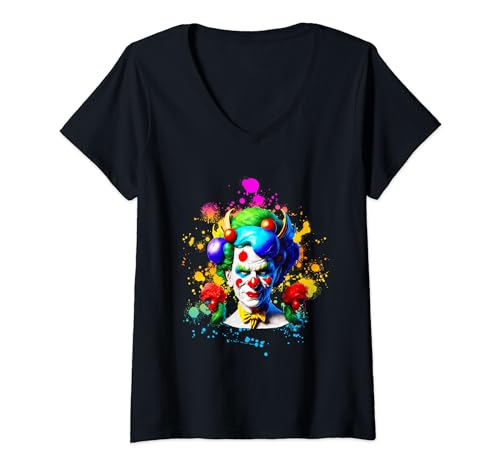 Damen Karneval Kostüm Gruseliger CLOWN Faschingsparty Kostüm T-Shirt mit V-Ausschnitt Damen Karneval Kostüm Gruseliger CLOWN Faschingsparty Kostüm T-Shirt mit V-Ausschnitt von Fasching Geschenk Karneval Shirt Faschingsparty