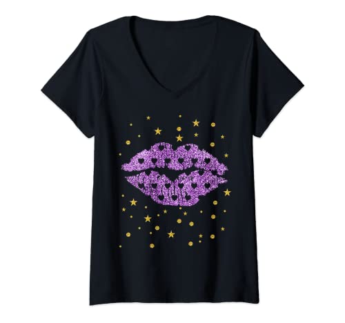 Damen Kussmund Sterne Fasching Feiern Lila Kuss Kostüm T-Shirt mit V-Ausschnitt Damen Kussmund Sterne Fasching Feiern Lila Kuss Kostüm T-Shirt mit V-Ausschnitt von Fasching Helau Alaaf Kussmund Konfetti Kostüm