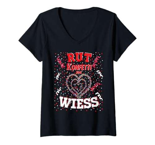 Damen Rut Wiess Karnevalskostüm Köln Rot Weiß konfetti im Herzen T-Shirt mit V-Ausschnitt von Fasching Karneval Kostüm Party für Damen & Herren