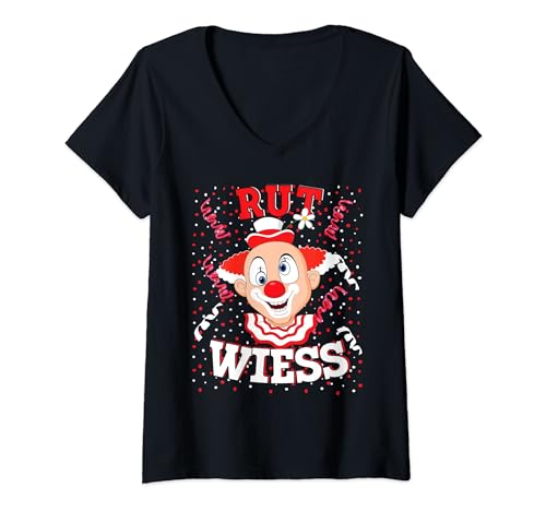 Damen Rut Wiess Karnevalskostüm Köln Rot Weiß konfetti Clown T-Shirt mit V-Ausschnitt von Fasching Karneval Kostüm für Damen und Herren