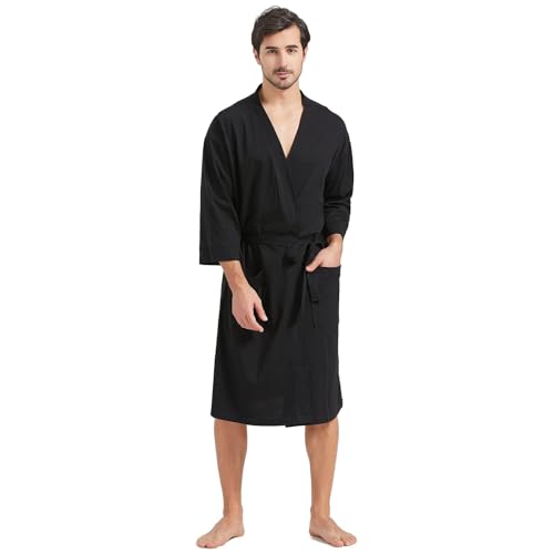 FashGudim 100% Baumwolle Herren Morgenmantel Leichte Sommer Strickmäntel Dünne Kimono Bademäntel (Schwarz,S/M) von FashGudim