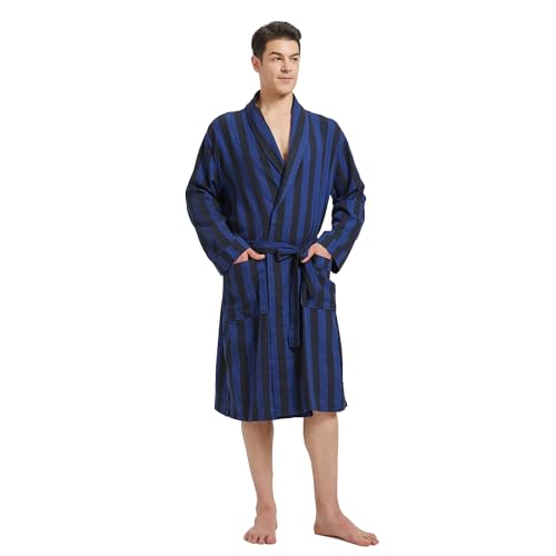 FashGudim Bademantel Herren Baumwolle Leicht Dünn Kurz Morgenmantel Herren Kariert Sommer Schalkragen Schottenmuster (Blau & Schwarz gestreift, 4XL) von FashGudim