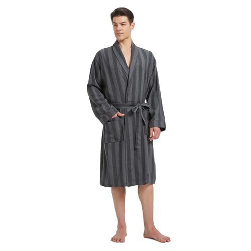 FashGudim Bademantel Herren Baumwolle Leicht Dünn Kurz Morgenmantel Herren Kariert Sommer Schalkragen Schottenmuster (Grau & Schwarz gestreift, XXL) von FashGudim