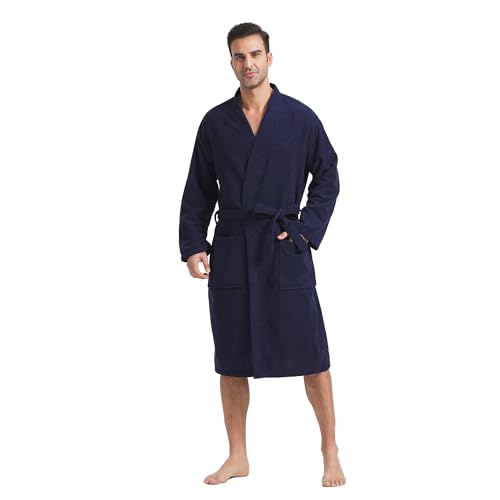 FashGudim Frottee-Bademantel für Männer Groß und Klein Kurzer Herren-Kimono Superabsorbierend Spa Wadenlang Mit Taschen（Marine,XXL） von FashGudim
