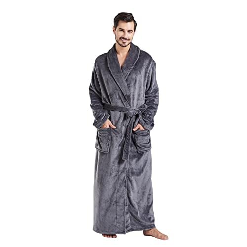 FashGudim Herren Bademäntel groß und groß in voller Länge Plüsch Fleece lange Robe Schal Kragen warm Winter Männer Bademantel(Grau,5XL) von FashGudim