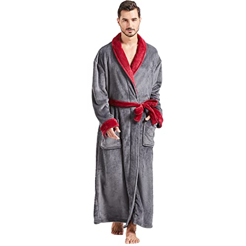 FashGudim Herren Bademäntel groß und groß in voller Länge Plüsch Fleece lange Robe Schal Kragen warm Winter Männer Bademantel(Grau/Burgunderfarben,6XL) von FashGudim