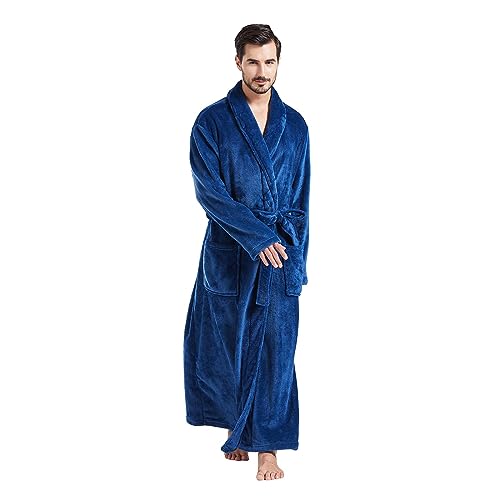 FashGudim Herren Bademäntel groß und groß in voller Länge Plüsch Fleece lange Robe Schal Kragen warm Winter Männer Bademantel(Marineblau,4XL) von FashGudim