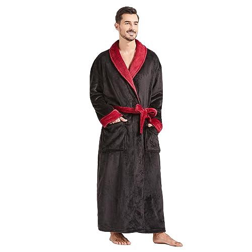FashGudim Herren Bademäntel groß und groß in voller Länge Plüsch Fleece lange Robe Schal Kragen warm Winter Männer Bademantel(Schwarz/Burgunderfarben,6XL) von FashGudim
