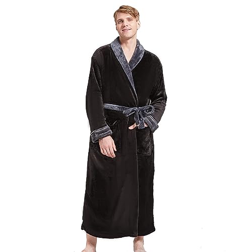 FashGudim Herren Bademäntel groß und groß in voller Länge Plüsch Fleece lange Robe Schal Kragen warm Winter Männer Bademantel(Schwarz/Grau,5XL) von FashGudim