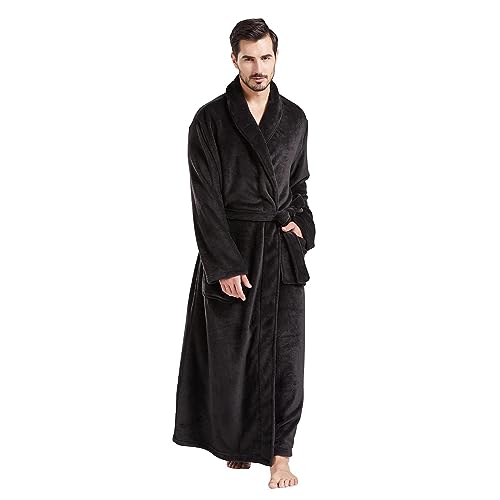 FashGudim Herren Bademäntel groß und groß in voller Länge Plüsch Fleece lange Robe Schal Kragen warm Winter Männer Bademantel(Schwarz,S/M) von FashGudim