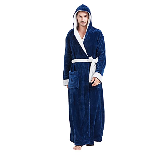 FashGudim Herren-Bademantel, groß, mit Kapuze, zweifarbig, Flanell-Fleece, kontrastierend, Plüsch, lang, Marineblau / Weiß, 4XL/5XL Groß Hoch von FashGudim