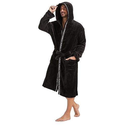 FashGudim Herren-Bademantel mit Kapuze, Plüsch, Schalkragen, Kimono, Bademantel, weich, warm, Flanell, Fleece, Spa-Robe, Hausmantel, Pyjama, Schwarz und schwarzer Rand, 5XL/6XL von FashGudim