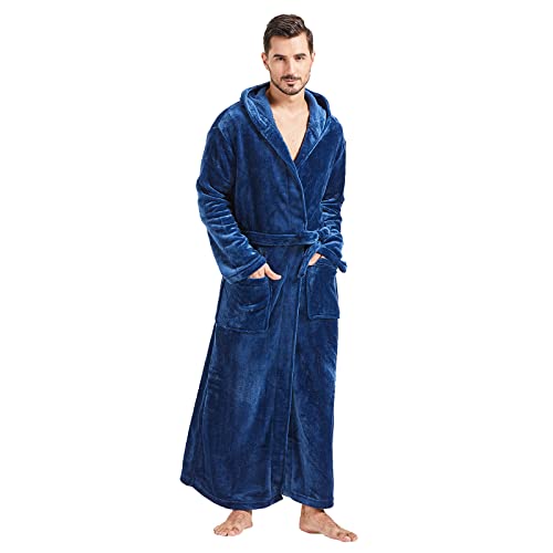 FashGudim Herren Kapuzenplüschbademantel in voller Länge. Flauschiger Bademantel für große und kräftige Männer. Warme Fleece-Bademäntel (Marineblau, 4XL) von FashGudim