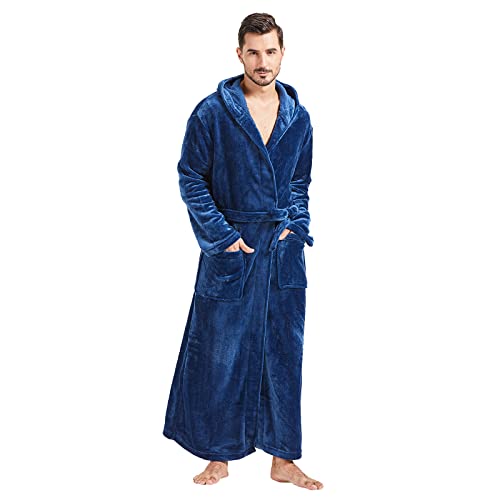FashGudim Herren Kapuzenplüschbademantel in voller Länge. Flauschiger Bademantel für große und kräftige Männer. Warme Fleece-Bademäntel (Marineblau, L/XL) von FashGudim