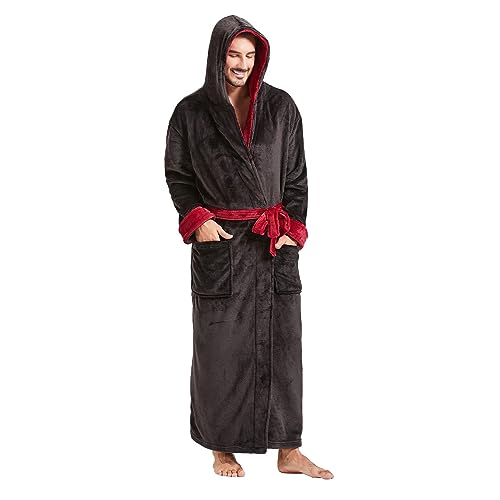 FashGudim Herren Kapuzenplüschbademantel in voller Länge. Flauschiger Bademantel für große und kräftige Männer. Warme Fleece-Bademäntel (Schwarz/Burgunderfarben, L/XL) von FashGudim