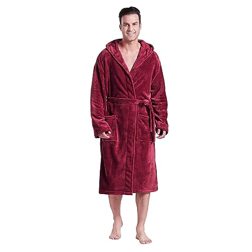 FashGudim Herren Kapuzenrobe Plüsch Schalkragen Kimono Bademantel Weiche Winterwarme Flanellfleece Spa-Roben Hausmantel Wadenlang mit Taschen (Burgundisch,XXXL) von FashGudim