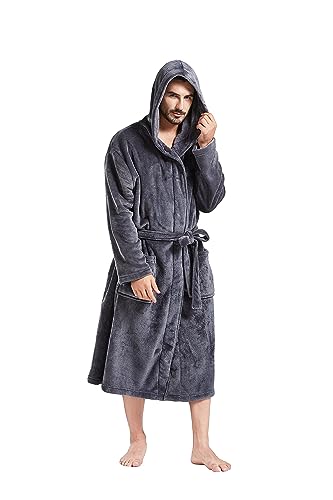 FashGudim Herren Kapuzenrobe Plüsch Schalkragen Kimono Bademantel Weiche Winterwarme Flanellfleece Spa-Roben Hausmantel Wadenlang mit Taschen (Grau,6XL) von FashGudim