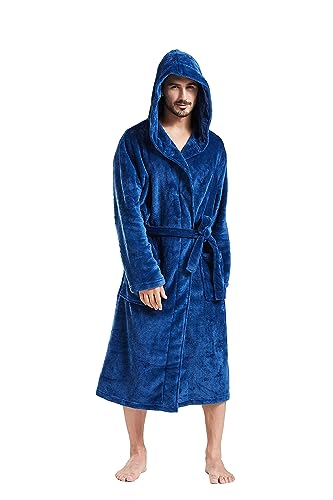 FashGudim Herren Kapuzenrobe Plüsch Schalkragen Kimono Bademantel Weiche Winterwarme Flanellfleece Spa-Roben Hausmantel Wadenlang mit Taschen (Marineblau,L/XL) von FashGudim