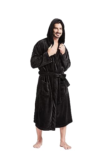 FashGudim Herren Kapuzenrobe Plüsch Schalkragen Kimono Bademantel Weiche Winterwarme Flanellfleece Spa-Roben Hausmantel Wadenlang mit Taschen (Schwarz,S/M) von FashGudim