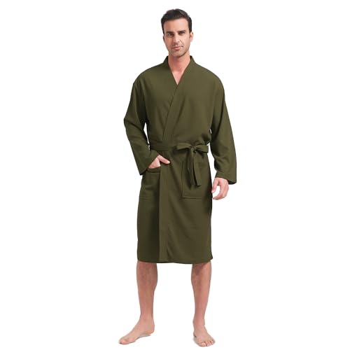 FashGudim Herren-Waffelpikee Bademantel leichter Kimono Spa knielang, Sommerroben (Armeegrün, LXL) von FashGudim