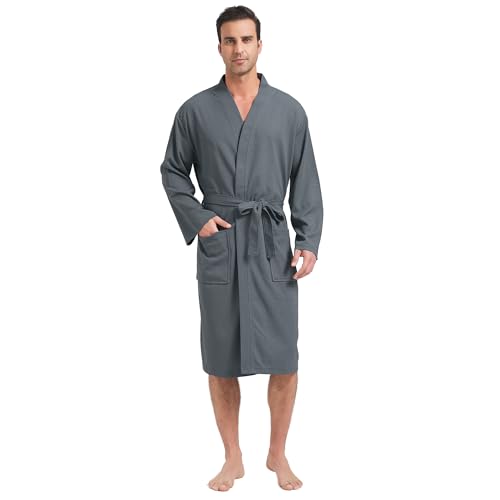 FashGudim Herren-Waffelpikee Bademantel leichter Kimono Spa knielang, Sommerroben (Hellgrau, SM) von FashGudim