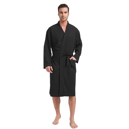 FashGudim Herren-Waffelpikee Bademantel leichter Kimono Spa knielang, Sommerroben (Schwarz, SM) von FashGudim