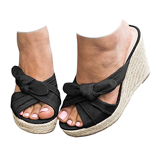 Damen Espadrilles Keilsandalen Slides Plateau Slip on Schleife Knoten offene Zehen Sommer Pantoletten Schuhe, schwarz, 38 EU von Fashare
