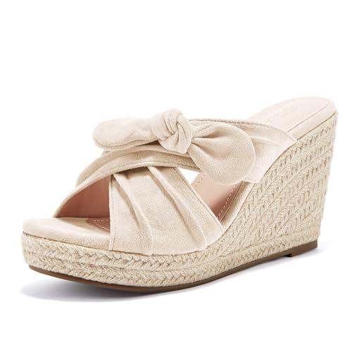 Damen Espadrilles Schlupfsandalen mit Keilabsatz, Schleife, Plateau, offener Zehenbereich, Sommerpantoletten, Hellbeige, 38 EU von Fashare