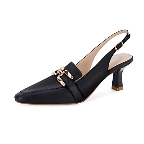 Damen Slingback Kätzchen Absätze Geschlossene Spitze Zehen Metallkette Knöchelschnalle Freizeitkleid Pumps Schuhe, Schwarz, 40 EU von Fashare