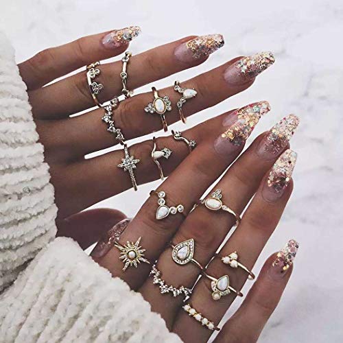 Fashband 16 Stück/Set Frauen Vintage Crystal Moon Blume Blätter Wassertropfen Tarot Symbol Unregelmäßiger Gelenkring Punk Charm Silber Ring Set für Mädchen von Fashband