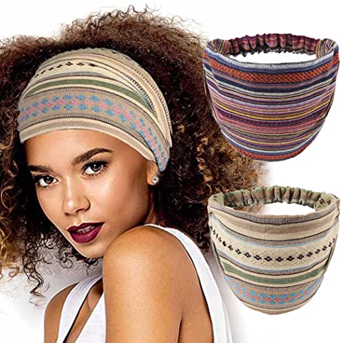 Fashband Boho-Stirnbänder, breit, Vintage-Streifen, elastisch, Yoga-Haarschmuck für Damen und Mädchen, 2 Stück von Fashband