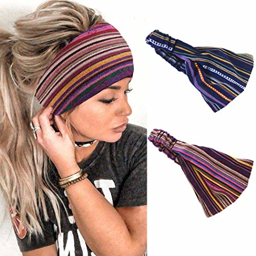Fashband 2 Stück Boho breite Stirnbänder Vintage Streifen Stirnband blau elastisch Yoga Haarbänder rutschfeste Kopfwickel Haarschmuck für Frauen und Mädchen von Fashband