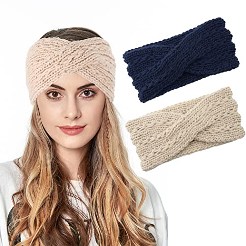 Fashband Winter Stricken Stirnbänder Twist Ohrwärmer Haarband Häkeln geflochtene Turban Haarschmuck für Frauen und Mädchen (2er Pack)(Marineblau) von Fashband